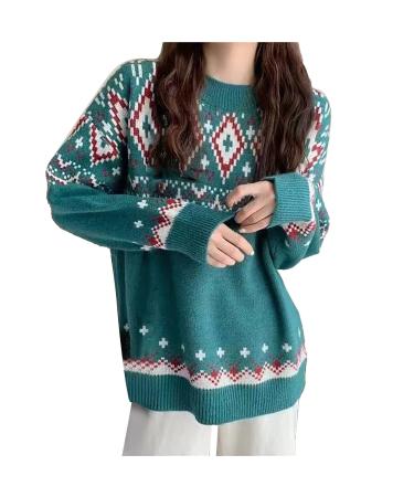 Genetic women Christmas sweater with a small stand-up collar Christmas sweater warm knitting sweater with stripes snowflakes winter sweater thick sweater women cotton sweater women green-h l