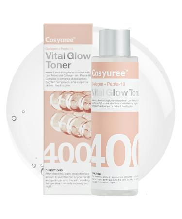 Cosyuree Collagen + Pepta-18 Vital Glow Toner pH 5.5 Toner pH Balancing Absorbing Boost Calming Skin Refreshing Hydrating Purifying Korean Skincare 200ml/6.76 fl.oz