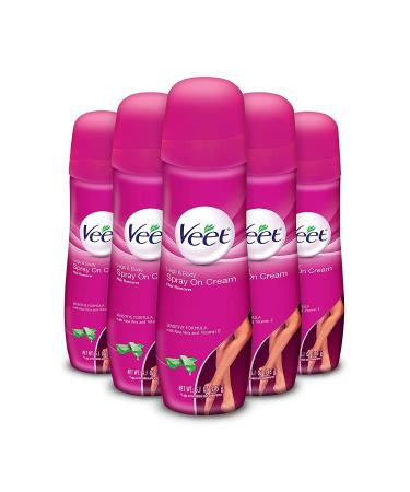 Hair Removal Cream VEET Legs & Body 3 in 1 Spray On Hair Removal Cream Sensitive Formula with Aloe Vera and Vitamin E 5.1 oz Spray Can (Pack of 5)
