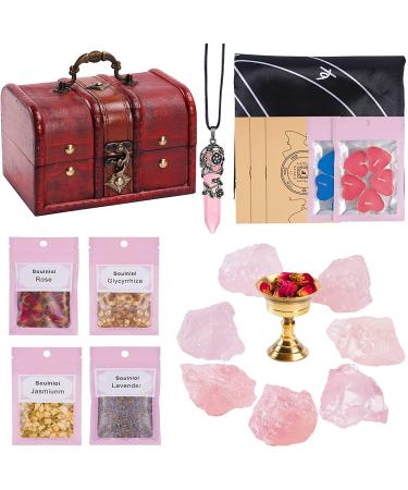 Crystals and Healing Stones for Attract Love 28 Pcs Rose Quartz Crystals Kit Chakra Self Love Healing Crystal with Gift Wooden Box for Wicca Beginners Reiki Yoga Meditation (28 PCS)