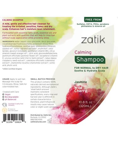 Zatik Naturals Calming Shampoo & Conditioner Set - Vegan Dandruff Relief with Jasmine & Wild Cherry pH Balanced Biodegradable 10.8 oz - Buy Online on GoSupps.com