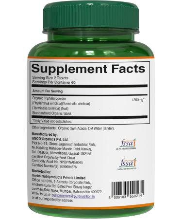 Pure Nutrition Organic Triphala Tablet - 1200mg | 120 Count | USDA Organic | Powerful Blend of Amlaki + Haritaki + Bibhitaki to Support Healthy Digestion | Non-GMO | Gluten-Free 120 Count (Pack of 1) - Buy Online on GoSupps.com