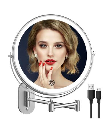 Rechargeable Wall Mounted Lighted Makeup Mirror with 3 Color Lights, 8 Inch Double Sides LED Vanity Mirror 1X 5X Magnification, 360° Swivel Extension Bathroom Shaving Magnifying Mirror with Light Silver
