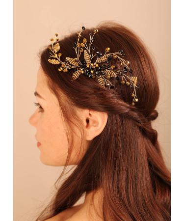BERYUAN Women Girls Black Crystal Rhinestone Gold Beads Hair Comb Rhinestone Wedding Hair Comb Gold Bride Headband Wedding Hair Accessories for Women Girls