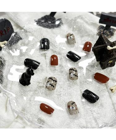 24Pcs Halloween Press on Nails - Short Square Glitter Design Skull Acrylic Full Cover Fake Nails for Women - Cute & Glossy Halloween Stick on Nails - Buy Online on GoSupps.com
