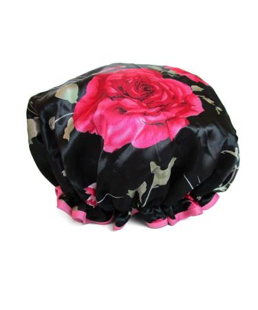 1 PCS Eco-friendly PEVA Lined Shower Cap  Cute Printed Exterior Large Bath Cap for Hair Treatment (08 Black Peony)