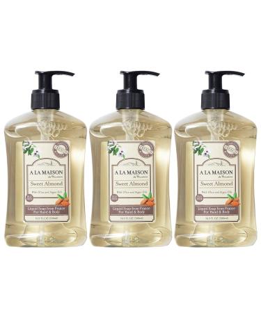 A La Maison Sweet Almond Liquid Hand Soap | 16.9 Fl oz. Pump Bottles Moisturizing Natural Hand Wash Soap | Triple French Milled | Gentle To Hands | (3 Pack)