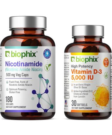 biophix B-3 Nicotinamide 500 mg 180 Vcaps Plus Free Vitamin D-3 5000 IU 30 Softgels - Nicotinic Amide Niacin Natural Flush-Free Vitamin Formula - Supports Skin Cell Health