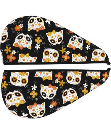 Hair Towel Wrap with Button - Fast Drying Towel Turban for Quick Hair Drying (Cat Skulls & Flowers) - Best Hair Drying Solution - Buy Online on GoSupps.com