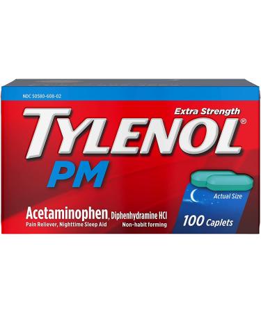 Tylenol PM Extra Strength Caplets 100 ct | Nighttime Pain Relief & Sleep Aid with Acetaminophen & Diphenhydramine HCl - Buy Online on GoSupps.com