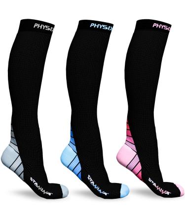 Physix Gear Sport 3 Pairs of Compression Socks for Men & Women in (Black/Blue + Black/Grey + Black/Pink) L-XL Size