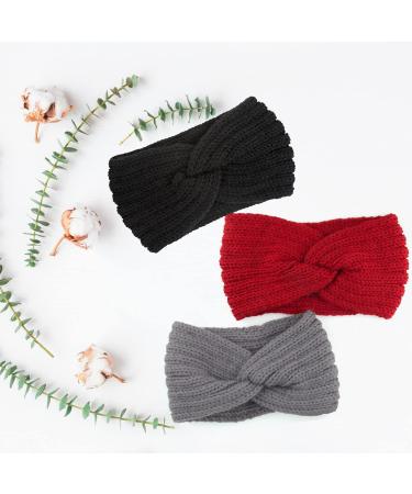 Powmag 3-Piece Knitted Headband Set for Women | Winter Hair Straps | Stylish Black Gray & Red Hair Bands - Buy Online on GoSupps.com