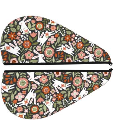 Hair Towel Wrap - Quick Drying Towel Turban with Button - Rabbits on Floral Design - Buy Online on GoSupps.com