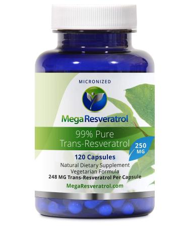 Mega Resveratrol, Pharmaceutical Grade, 99% Pure, Micronized Trans-Resveratrol, 120 Capsules, 250 mg per Capsule. Purity Certified. Absolutely no Toxic "Inactive Ingredients" Added.