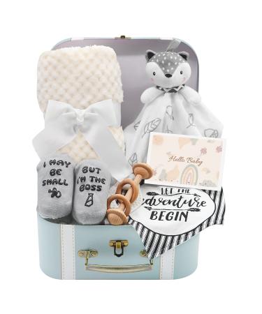 Fvntuey Baby Shower Gifts, Baby Boy Gifts Basket Includes Newborn Blanket Baby Lovey Security Blanket Wooden Rattle Toy, Funny Baby Bibs Socks & Greeting Card - Baby Gift Set Newborn Shower Basket Fox (NEUTRAL)