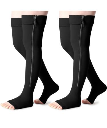 2 Pairs Open Toe thigh high Zipper Compression Socks 15-20 mmHg open toe Zipper Compression Stockings Thigh high Moderate Compression Socks with Zipper for Women Men Edema Swelling