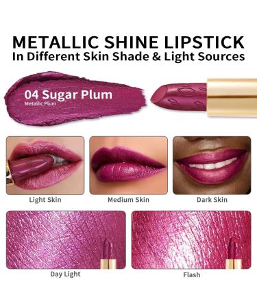 Oulac Metallic Shine Purple Lipstick - Vegan & Cruelty-Free Full-Coverage Lip Color - Sugar Plum (04) Metallic Plum - 4.3g/0.15 oz - Buy Online on GoSupps.com