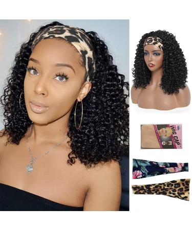 Curly Headband Wigs For Women None Lace Front Headwrap Wigs 14 Inch Heat-Resistant Synthetic Half Wig Glueness Deep Curly Wig With Headband Attached Natural Looking Headband Wig 14"Curly 1B