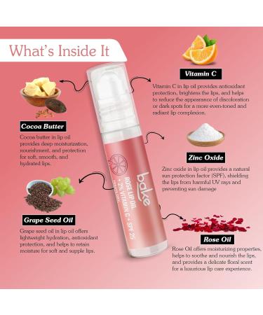 BAKE Rose Tinted Lip Balm Oil with SPF 25 PA+++ | Nourishing Lip Care with Vitamin C | Smooth Soft & Naturally Tinted Lips | Alcohol-Free | 15 g - Buy Online on GoSupps.com
