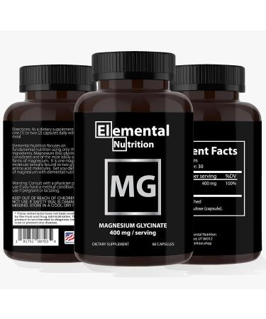 Elemental Nutrition Magnesium Glycinate 400mg Capsules - 60 Servings, High Absorption Magnesium Complex with Glycine, in Black Jar - Buy Online on GoSupps.com