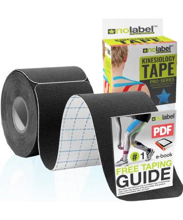 NO LABEL Black Pre Cut Kinesiology Tape - 5m Roll - Black Sports Tape - Black Medical Tape - Black Physio Tape - Black Muscle Tape For Muscle Recovery - Free PDF Ebook Taping Guide Black 1 x Roll