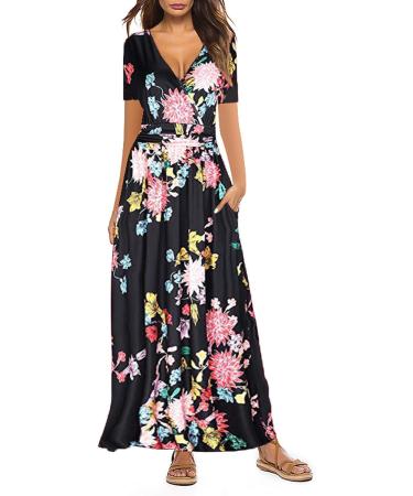 Summer Boho V-Neck Sunflower Maxi Dress - Black | Modedress Women's Short Sleeve Swing Dress - Buy Online on GoSupps.com