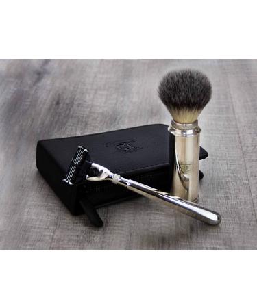 Haryali London Men's Synthetic Badger Razor and Shaving Brush with Leather Zip Pouch