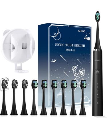 Seago S2 Electric Toothbrush - 10 Brush Heads 5 Modes Timer & Holder for Adults & Kids - Rechargeable Sound Toothbrush (Black) - Buy Online on GoSupps.com