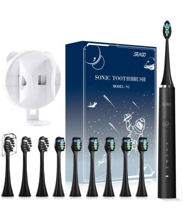 Electric toothbrush sound toothbrush with 10 brush heads 1 toothbrush holder for adults and 12+ children Sound toothbrushes electrically 5 modes with timer rechargeable Seago S2 (Black)