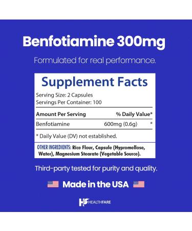 Healthfare Benfotiamine 600mg | 200 Veg Capsules | Enhanced Absorption | Supports Overall Health | Increased Bioavailability - Buy Online on GoSupps.com