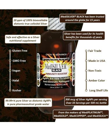 MediSILVER Black Immunity Booster Diatomic True Colloidal Silver AgNP Nutrient - 250 mL in Clear Plastic Bottle - Buy Online on GoSupps.com