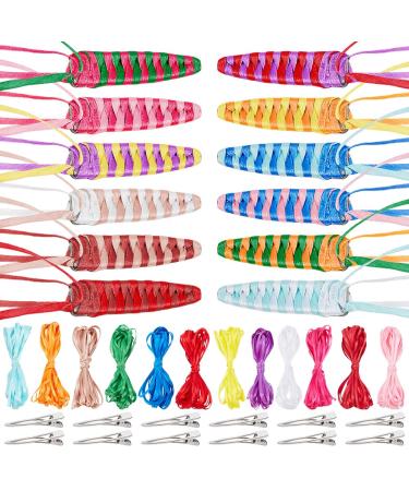 FREEBLOSS 12 Set DIY Ribbon Barette Kit Braided Grosgrain Ribbon Barrette Set Drop Shaped DIY Hair Clips Kit Retro Ribbon Barrettes Making Kit Ribbon Hair Accessories for Girls Instructions Included