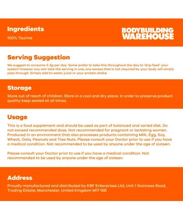 Bodybuilding Warehouse Taurine Powder Supplement - Amino Acid That is Naturally Occurring Within The Body - Manufactured in The UK (Unflavoured 250g) Unflavoured 250 g (Pack of 1) - Buy Online on GoSupps.com