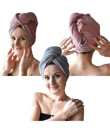 Homelevel 2x Terry Hair Turban Set - 100% Cotton Quick-Drying Head Towel - Stylish Gray & Old Pink Hair Towels for Effortless Drying - Buy Online on GoSupps.com