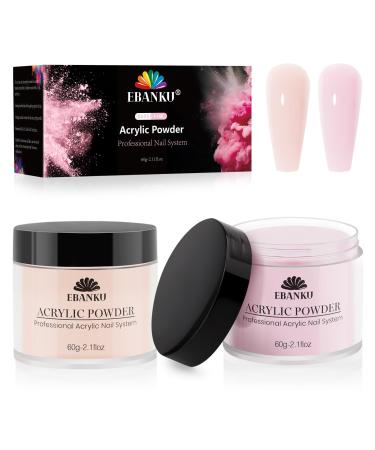 EBANKU Nude Pink Acrylic Powder 2 * 60g/2.1oz Acrylic Powder Large Capacity Professional Acrylic Nail Powder for Nail Acrylic Extension Nail Carving Long-Lasting No Nail Lamp Needed Pink+Nude Pink