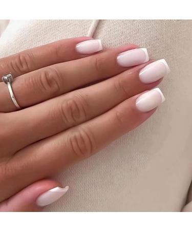 French False Nails Long 24Pcs White French Fake Nails Square Press on Nails Nude French Nail Tips with Nail Glue Full Cover Stick on Nails for Women Girls Nails Art French Nude White