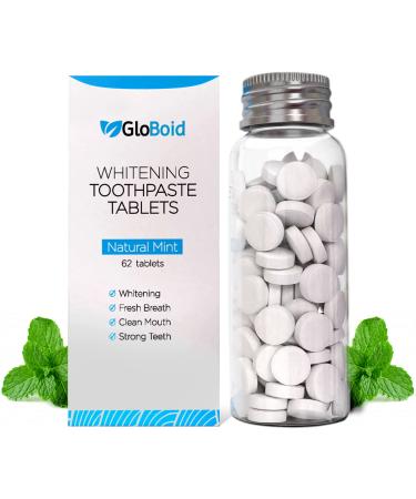 GloBoid Toothpaste Tablets with Fluoride  Zero Waste Toothpaste Bits  Eco Friendly & Plastic Free Toothpaste Tabs  Toothpaste Bites Perfect for Travel - 1 Month Supply - Natural Mint 62 Count (Pack of 1)