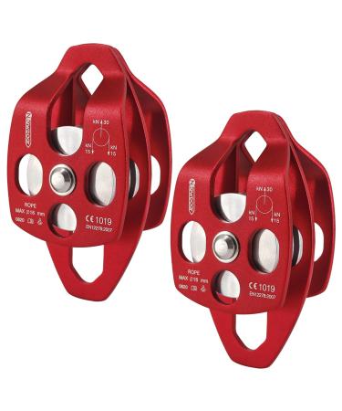 NewDoar 30 KN CE Certified Large Rescue Pulley Single/Double Sheave with Swing Plate Double Pulley - Red 2pcs