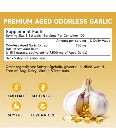 Aged Garlic Extract Softgels Odorless Allium Sativum 7500mg Antioxidant Supplement Immune Support Heart Health Non-GMO 300 Softgels 1 Bag 300 Count (Pack of 1) - Buy Online on GoSupps.com
