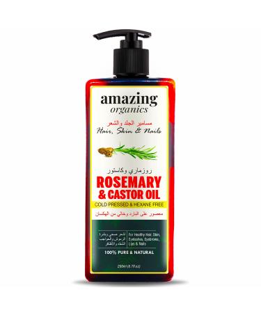 AmazingOrganics Rosemary and Castor Oil - 100% Pure Organic Non-GMO Cold-Pressed Castor Oil for Healthy Hair  Skin  Nails  Eyebrows  and Eyelashes 250 ml