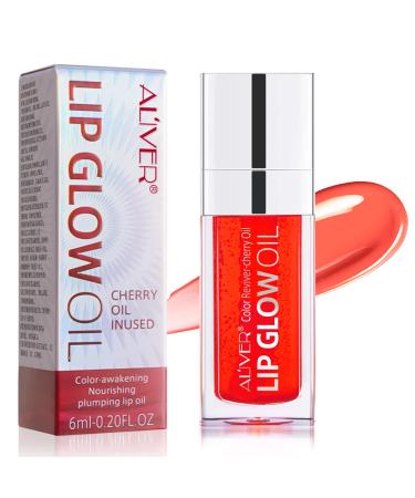 Plumping Lip Oil  Long Lasting Hydrating Lip Gloss Tinted Lip Balm  Non-sticky Big Brush Head Glitter Shine Primer Lip Tint  Tinting Lip Care Oil for Dry Lip (04Cheery)