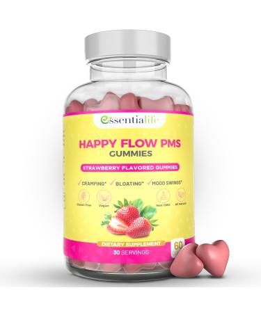 Happy Flow Strawberry-Flavor Chewable PMS Gummies | Hormone Balance Chasteberry Supplement with Dong Quai & Vitamin B6 | Period Support for Cramps Hormonal Acne & Bloating Relief for Women (60 Count) - Buy Online on GoSupps.com