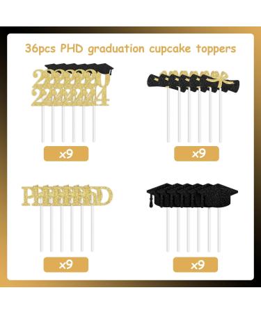 PHD Graduation Decorations 2024 36 Pcs PHD Cupcake Toppers Black and Gold Graduation Party Decorations Congrats Grad Decorations for Class of 2024 PHD Doctor Degree Graduation Supplies - Buy Online on GoSupps.com