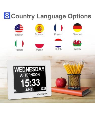 Exmate 8-Inch Digital Alarm Clock - Multilingual Large Writing Calendar for Kids Seniors Dementia & Alzheimer's - Perfect for Visual Impairment - White - Buy Online on GoSupps.com