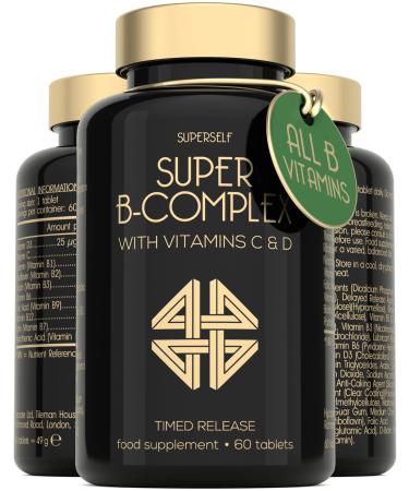Vitamin B Complex High Strength - Slow Release Super B Complex 60 Tablets - Enriched with Vitamins D & C - Complete Vit B Supplement All 8 Vitamin B12 B6 Folic Acid Biotin B1 B2 B3 B5 - UK Made - Buy Online on GoSupps.com