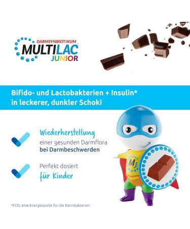 Multilac Junior Probiotic Chocolate Tablets for Kids | Sugar-Free & Palm Oil-Free | 20 Delicious Fiber Boosters for Intestinal Health - Buy Online on GoSupps.com