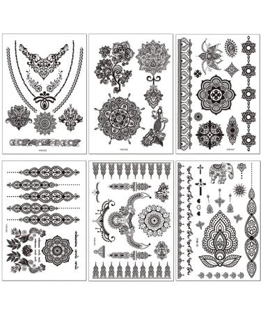 Black Henna Temporary Tattoos Set - Sexy Lace, Indian Mandala, Elephant, Flower Chain Designs - Waterproof Body, Arm, Face Decals for Wedding Party - 6 Sheets - Buy Online on GoSupps.com