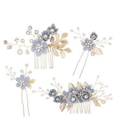 BOWIN Wedding Hair Comb Pearl Crystal Bride Hair Accessories Hair Side Comb Clips Rose Gold Flower Rhinestone Head Pieces for Bridesmaid Women and Girls, Set of 4 (Grey)