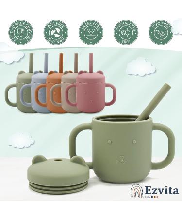 Ezvita Bear Silicone Sippy Cup with Straw - Spill-Proof Lid, Anti-Slip Handles for Babies and Toddlers - Fun Learning Tumbler - Freezer, Microwave, Dishwasher Safe - Silver Sage - Buy Online on GoSupps.com