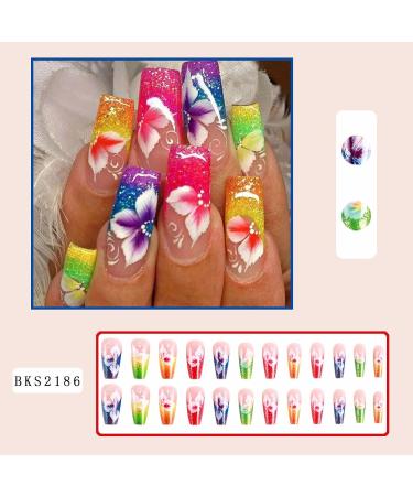 Shop Flower Press on Nails - Long Coffin Shape Medium Length Colored French Tips Light Floral Design Purple Acrylic Glue-on Nails 24 Pcs - Stylish & Durable False Nails for Women - Buy Online on GoSupps.com